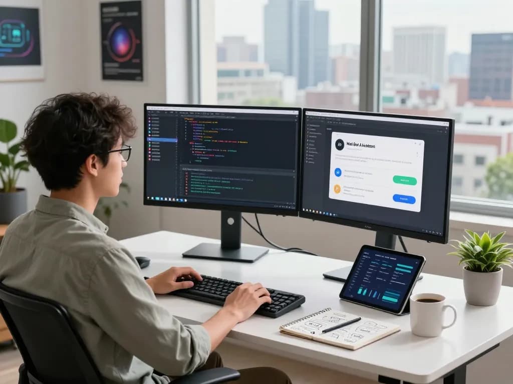 Molt bot in action at a tech workspace, with a developer managing tasks and automation on dual monitors, showcasing productivity and AI integration.