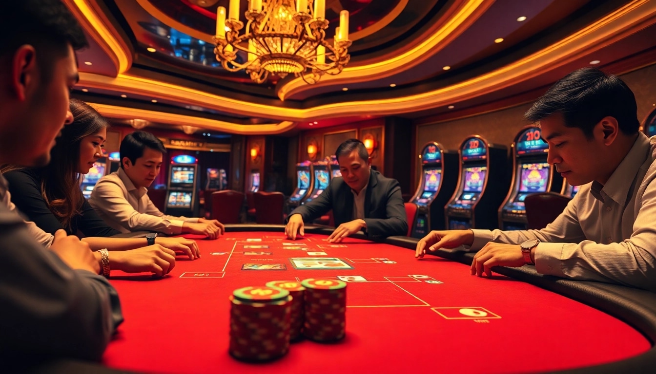 Players engaging in a high-stakes poker game at FA88 casino, showcasing excitement and strategy.
