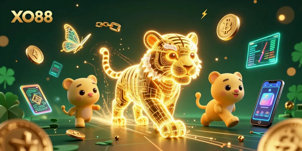 Engage with XO88's vibrant 3D casino world, illuminated by neon cryptocurrencies and dynamic game elements.