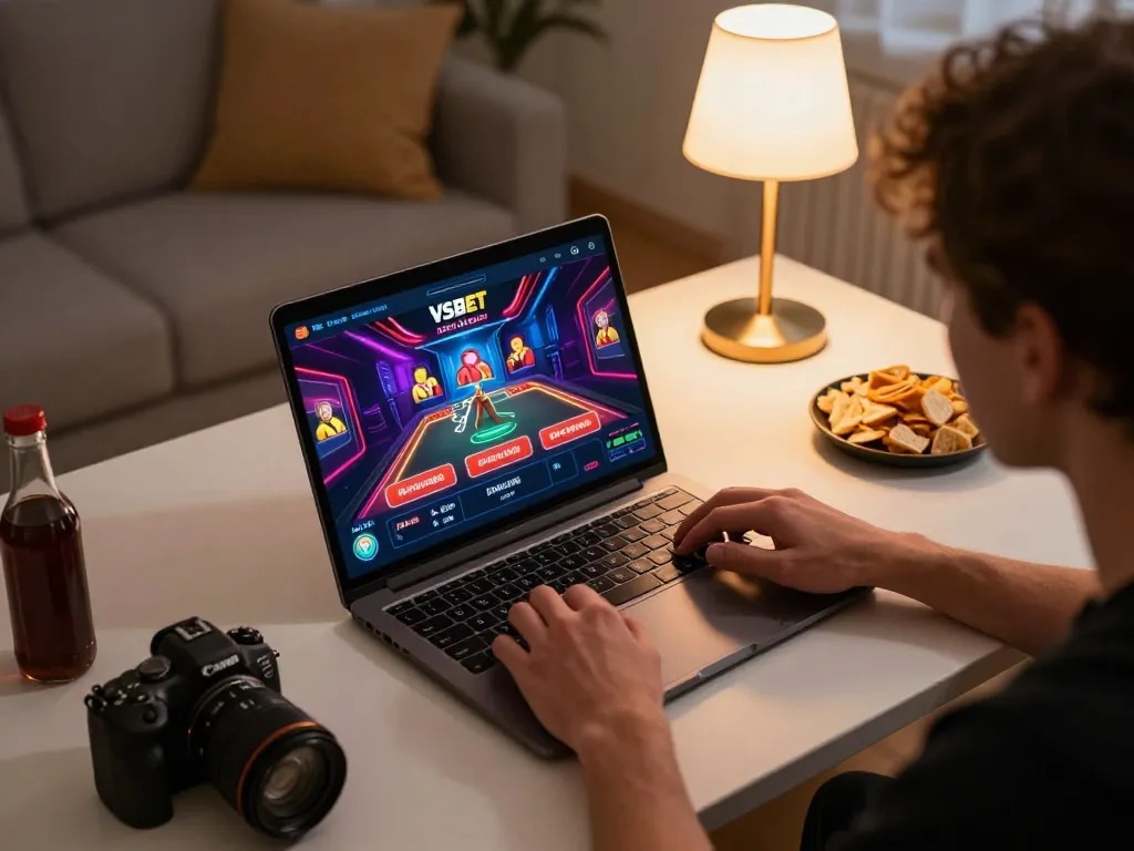 Player engaging with live dealer game on VSBET's app, showcasing a dynamic home gaming atmosphere.