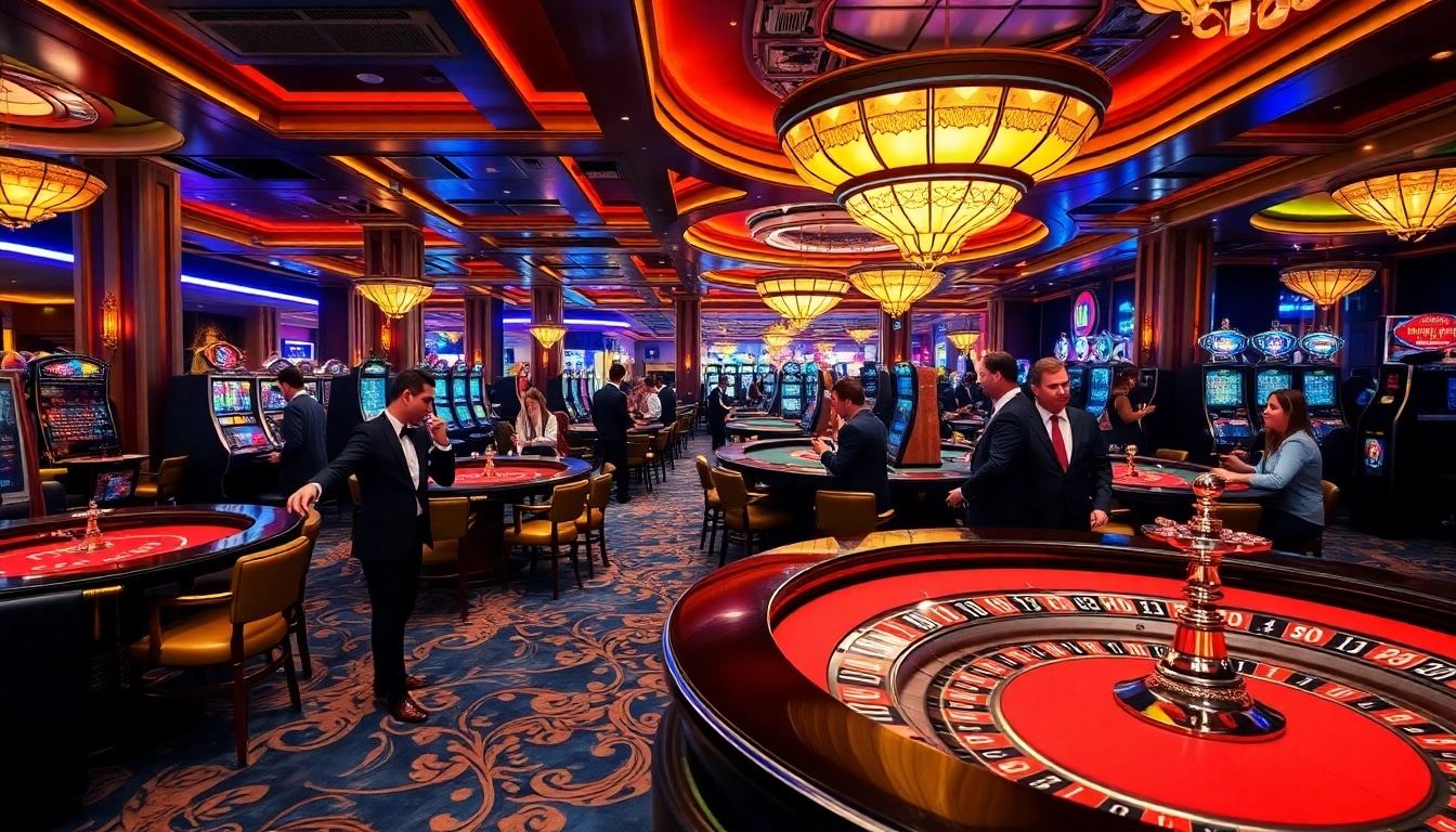 Players intensively engage in a thrilling casino scene featuring newphim inspired gambling activities under vibrant neon lighting.