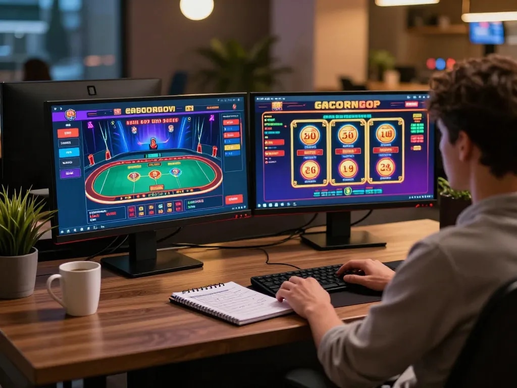Engaging online gaming session with vibrant slot gacor games visible on multiple screens.