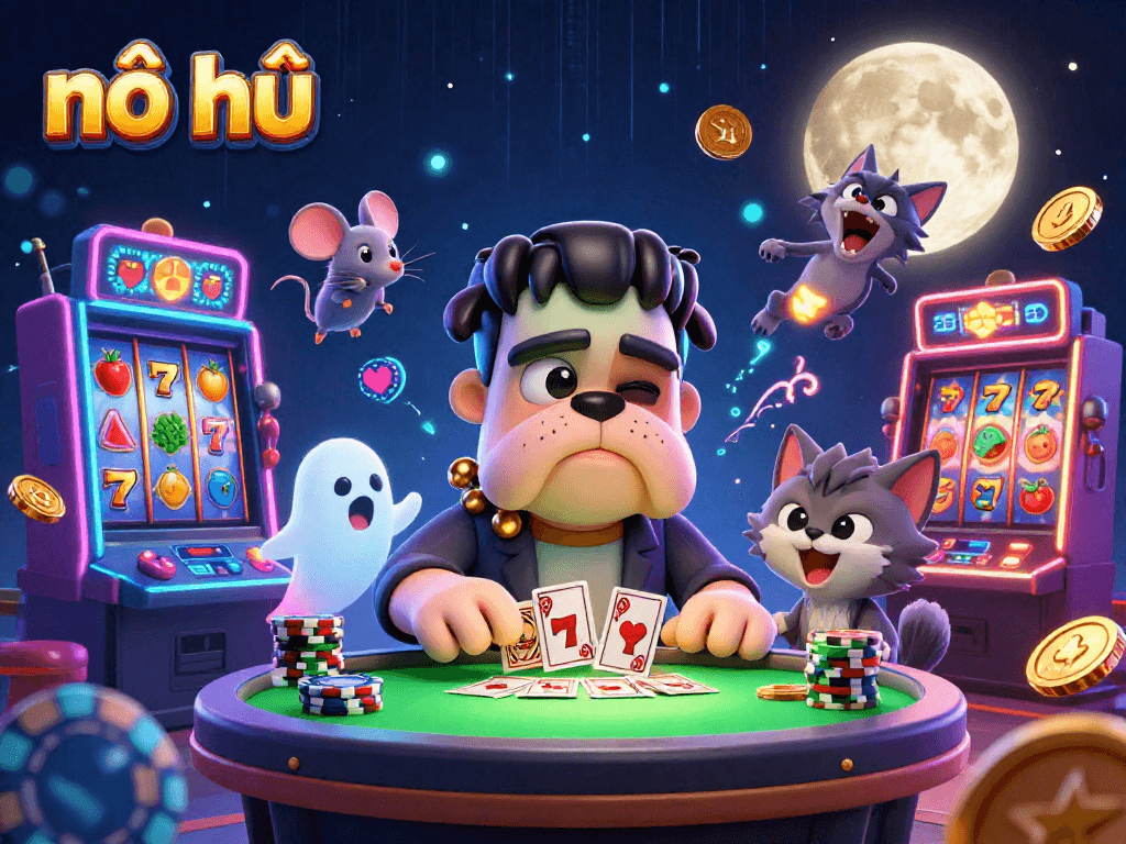 Engage with nổ hũ excitement at a lively casino scene featuring colorful slot machines and fun characters.