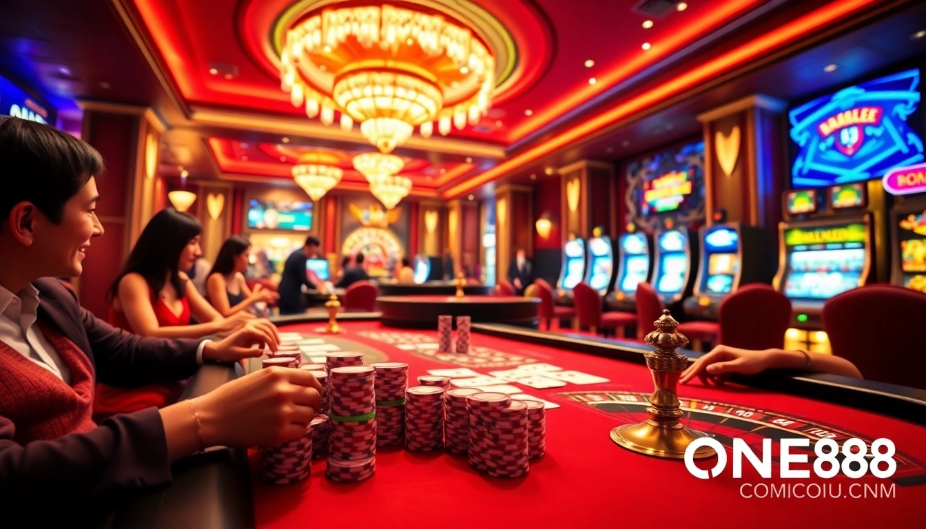 Players enjoy excitement at ON88.COM casino with vibrant tables and luxury atmosphere.