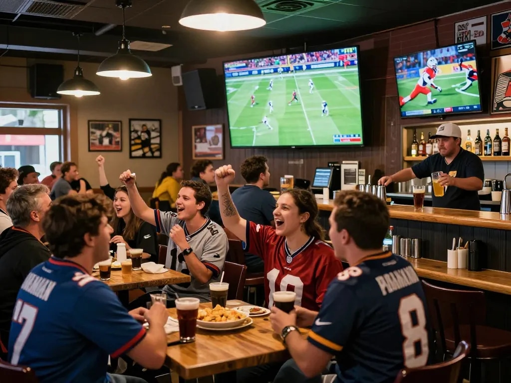 Excited fans at a sports bar watching a live football match, enjoying ดูบอล together.