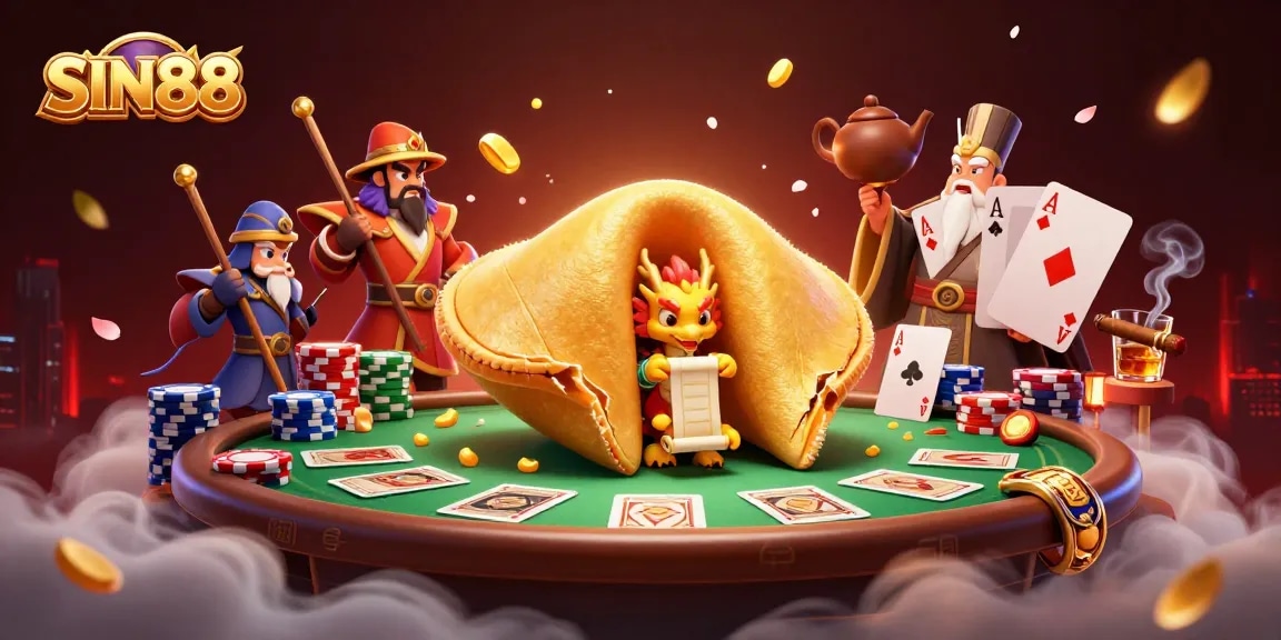 SIN88 features a vibrant casino scene with a giant fortune cookie, dragon, and poker elements alive with action.