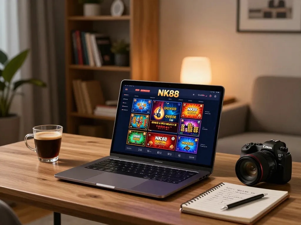 Engaged player using NK88 online casino app at home, focusing on game strategies and winnings.