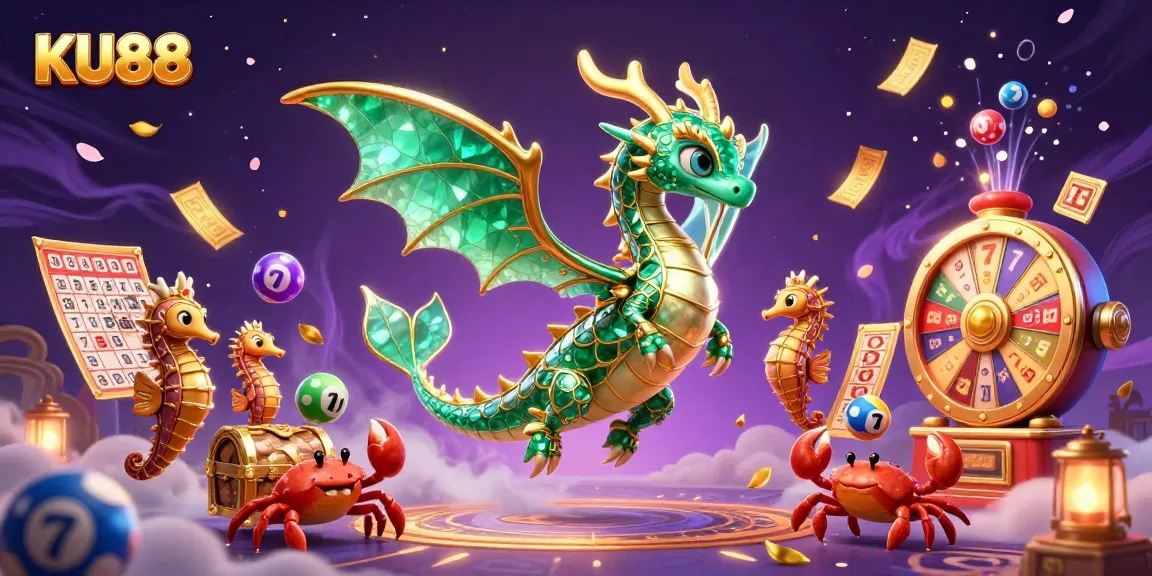 Experience thrilling casino action with KU88's vibrant sea dragon illustration filled with games and excitement.