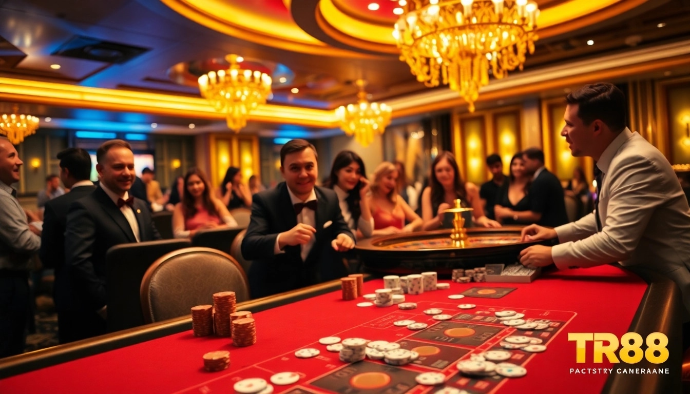 Engaging gamblers with TR88 at an exciting poker table featuring vibrant chips and cards.