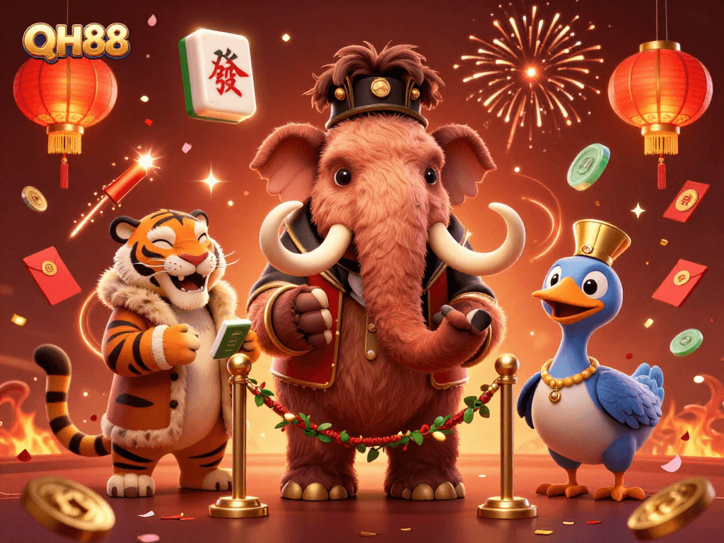 Experience QH88 thrills at the vibrant casino with dynamic characters and festive elements