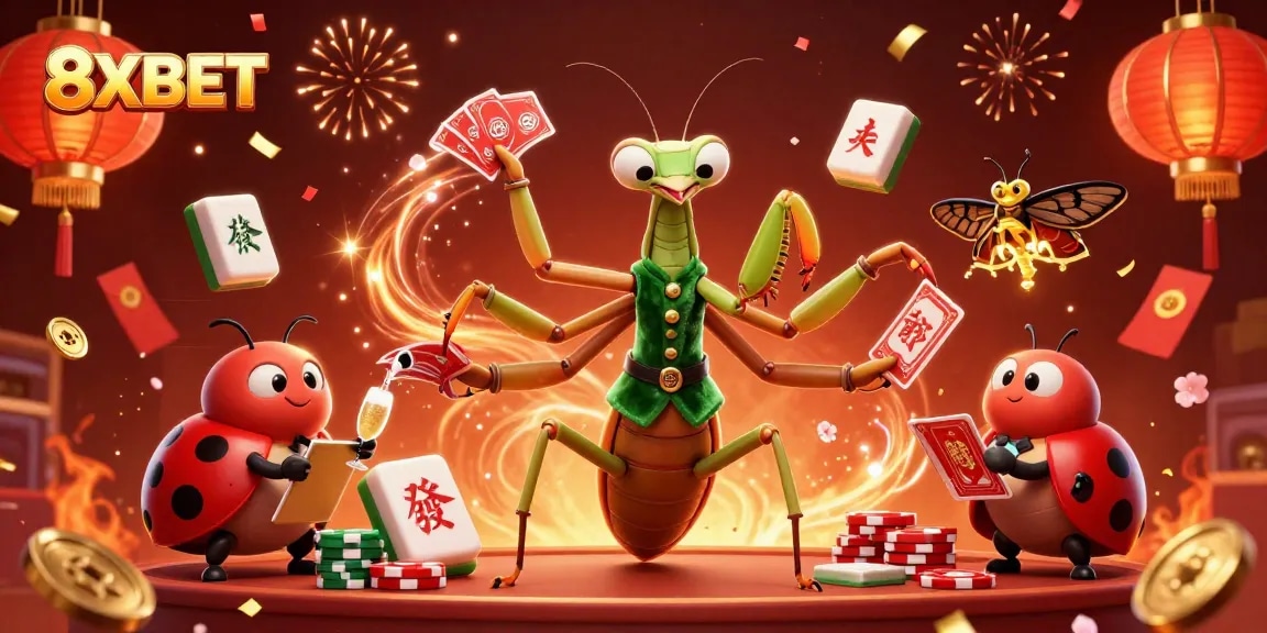 Experience the thrill of 8XBET with a vibrant 3D casino scene featuring a giant praying mantis card sharp and ladybug pit boss.