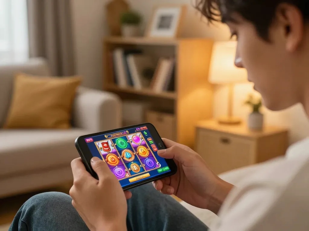 Player enjoying exciting slot games on mobile device with XX88 in a cozy environment