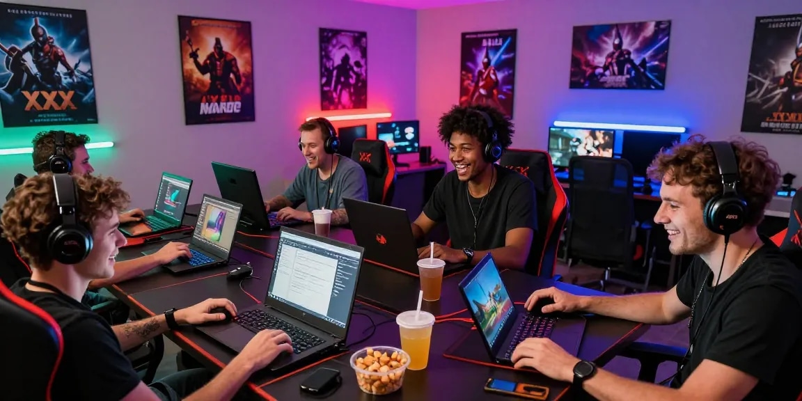 Friends enjoying xxx games online with vibrant gaming setups and exciting atmosphere.