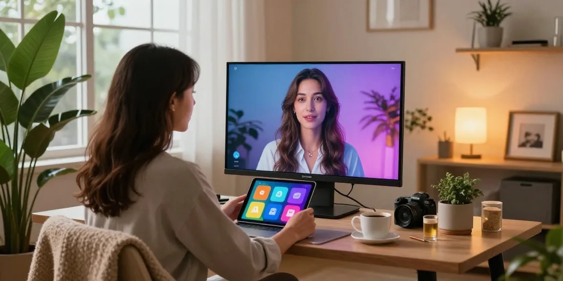AI girlfriend interaction in a cozy home office setting.