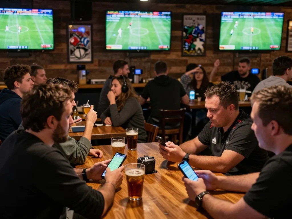 Fans placing bets on their smartphones during a thrilling bongdalu sports betting event at a lively bar
