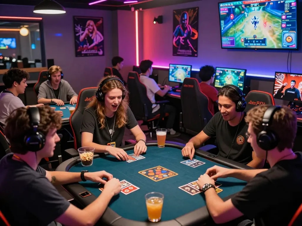 Exciting gaming atmosphere where users tải game hit club on their devices, showcasing competitive card games in a vibrant cyber café.