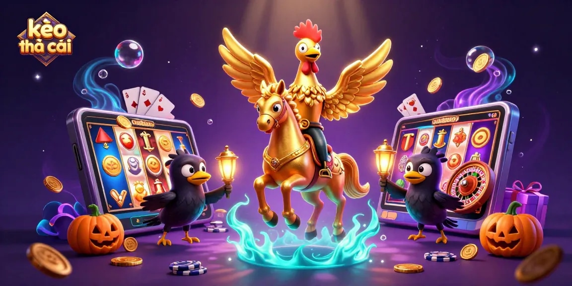 Experience exciting gaming at kèo nhà cái with vibrant visuals of slot games, poker chips, and roulette wheels.