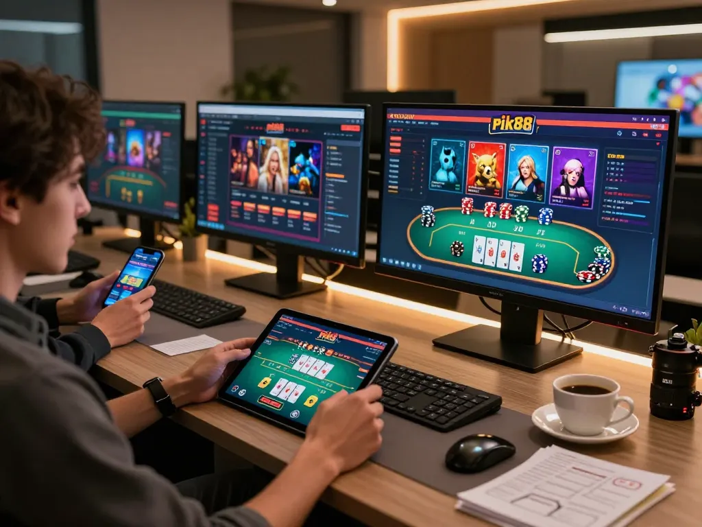 Engaging in online casino gameplay on a sleek tablet with rik88's vibrant interface.