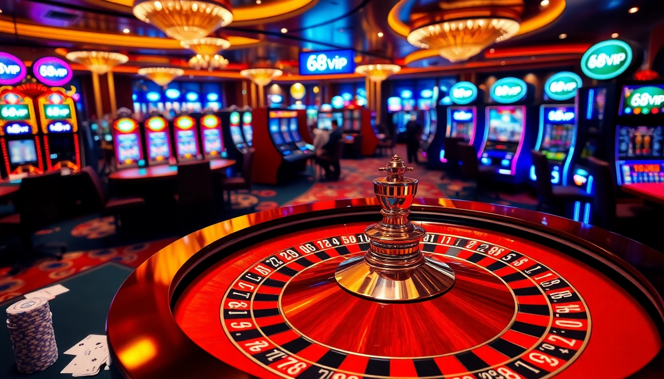 A thrilling casino scene with vibrant slot machines and a roulette wheel showcasing 68VIP gambling excitement.