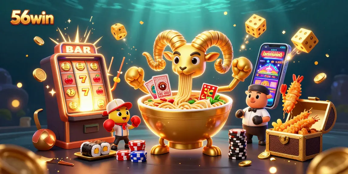 Engage with the excitement of 56win in this vibrant casino illustration filled with games and characters.