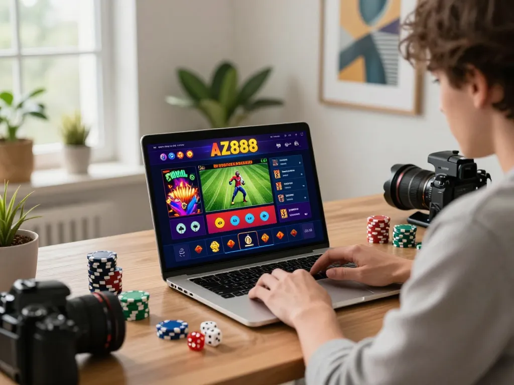 Engaging user in a stylish home office exploring the AZ888 online gambling platform with gaming elements and vibrant atmosphere.