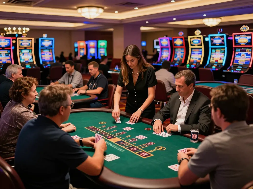 Players enjoying an exciting live casino blackjack game with a professional dealer, creating a thrilling atmosphere.