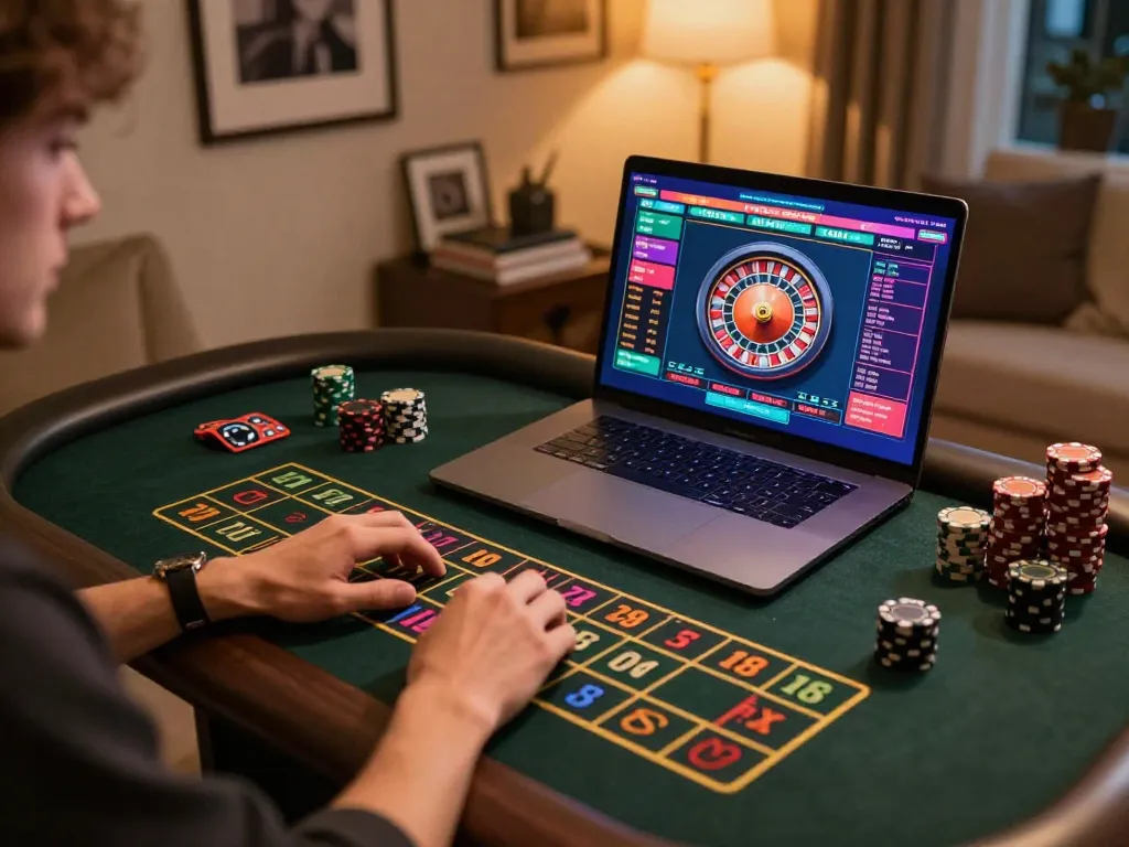 Engaging online roulette gameplay on laptop showcasing 789win gaming experience in cozy home atmosphere