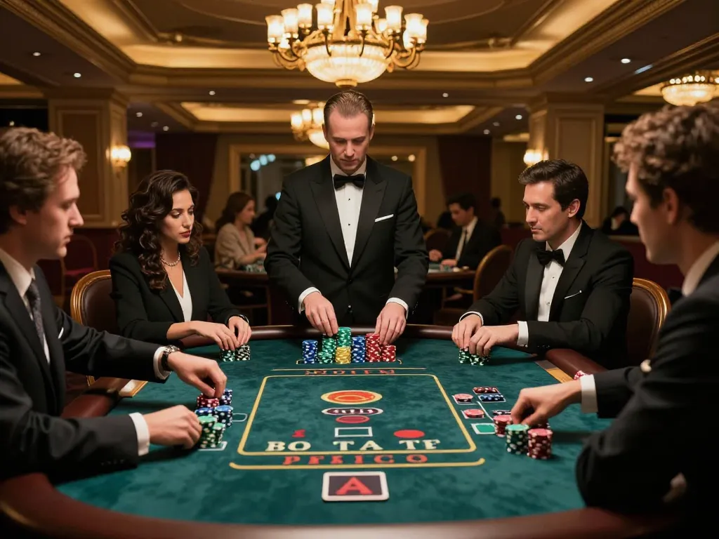 MM88 players strategizing their moves at a high-stakes blackjack table in a luxurious casino setting