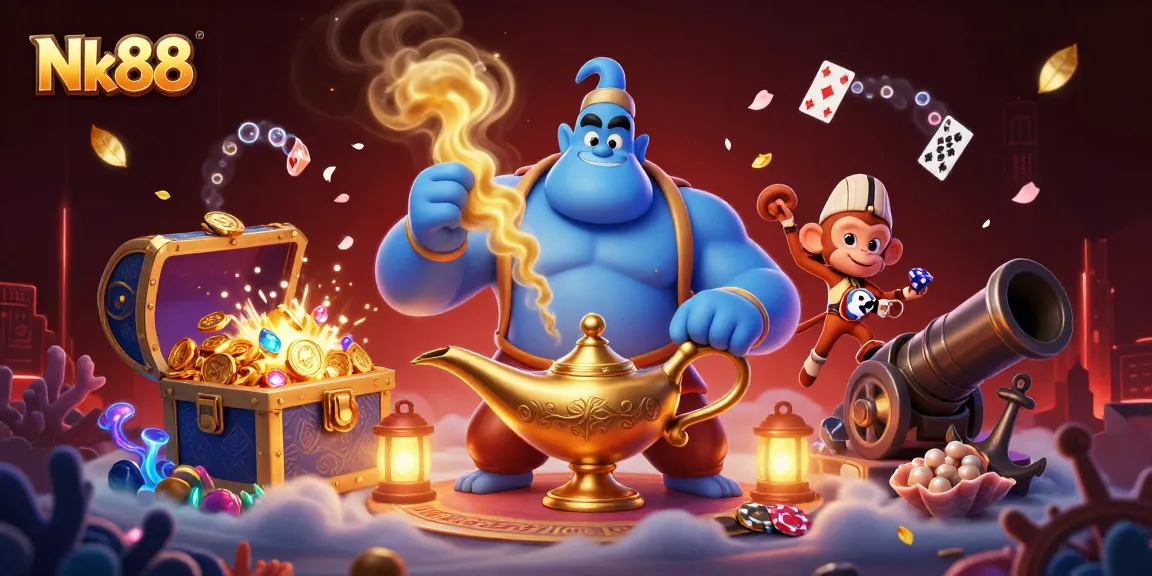 Experience thrilling excitement with Nk88's vibrant 3D illustration showcasing magical casino elements.