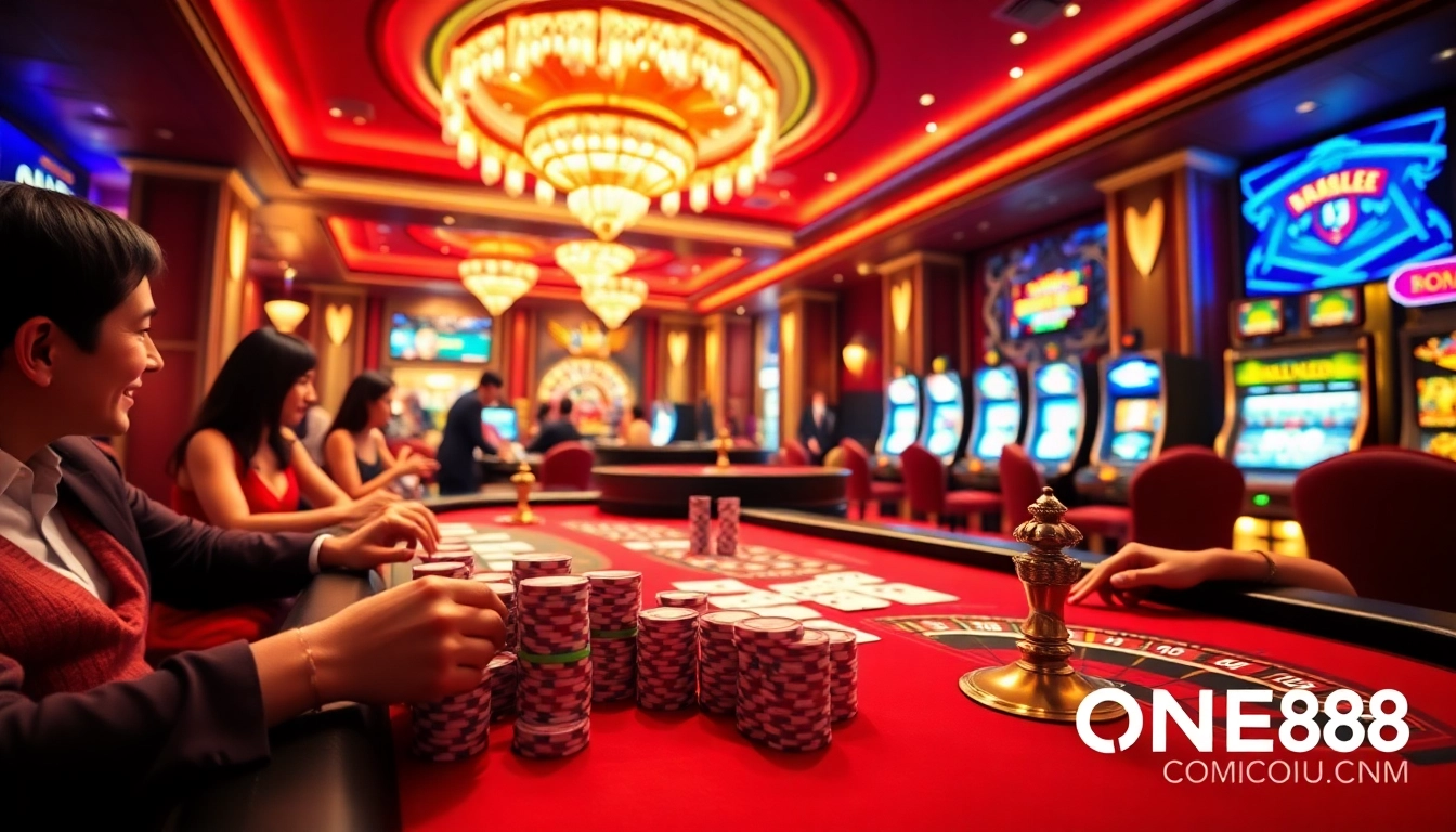 Players enjoy excitement at ON88.COM casino with vibrant tables and luxury atmosphere.