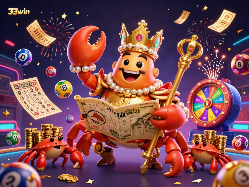 Engage with 33win's exciting atmosphere featuring a majestic crab emperor with vibrant casino elements.