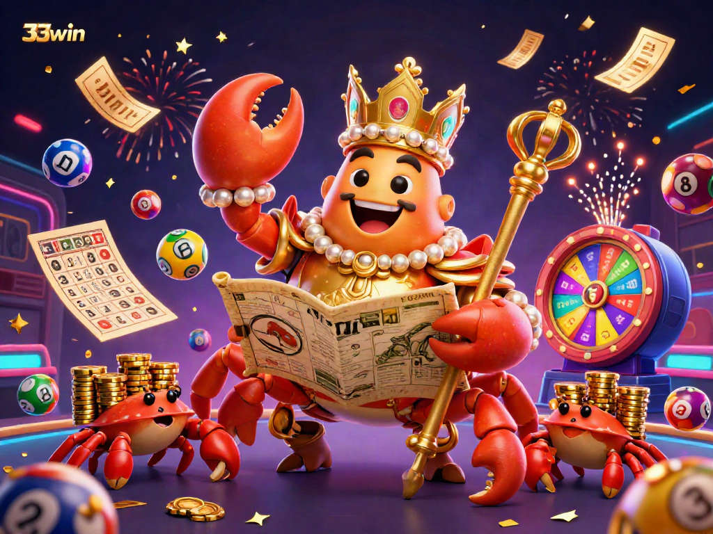 Engage with 33win's exciting atmosphere featuring a majestic crab emperor with vibrant casino elements.
