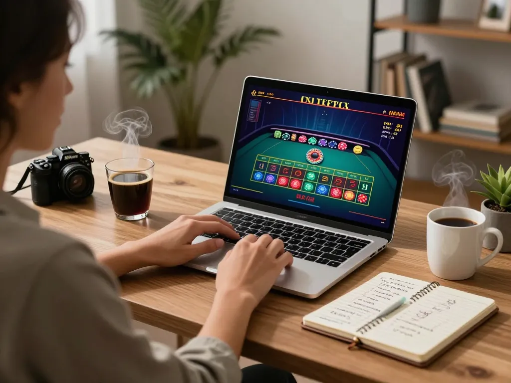 Engaged player using laptop for go89 live dealer gaming with a notebook on the side.