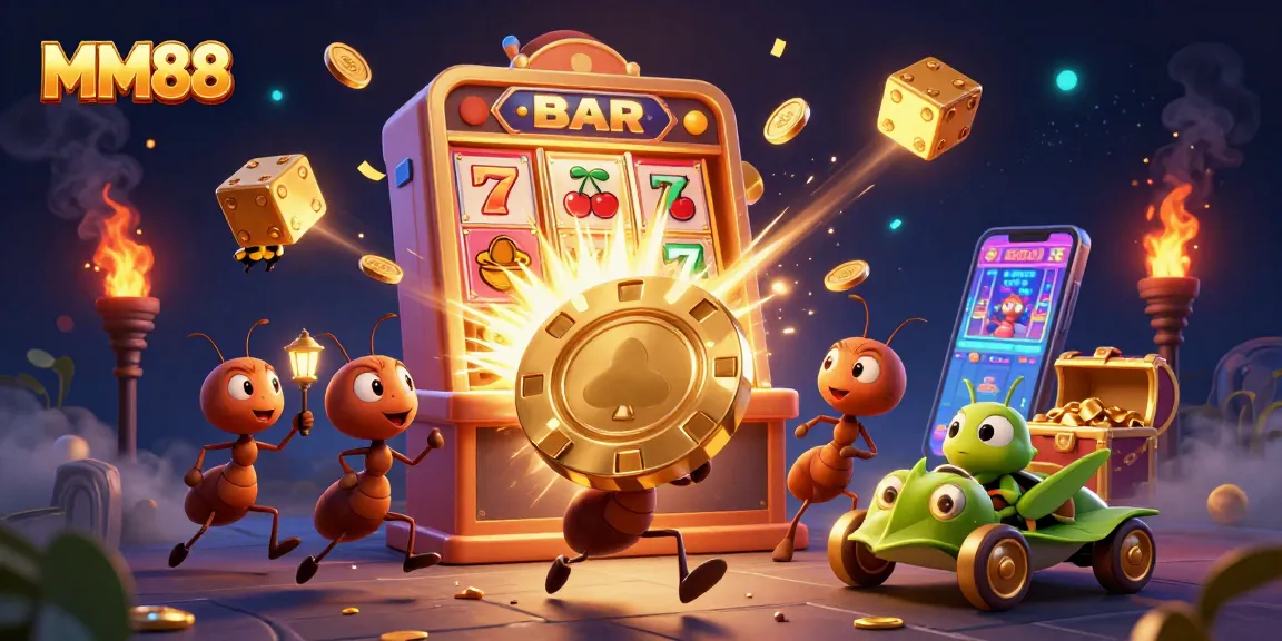 Experience thrilling MM88 action with a heist of giant poker chips and dynamic casino elements.