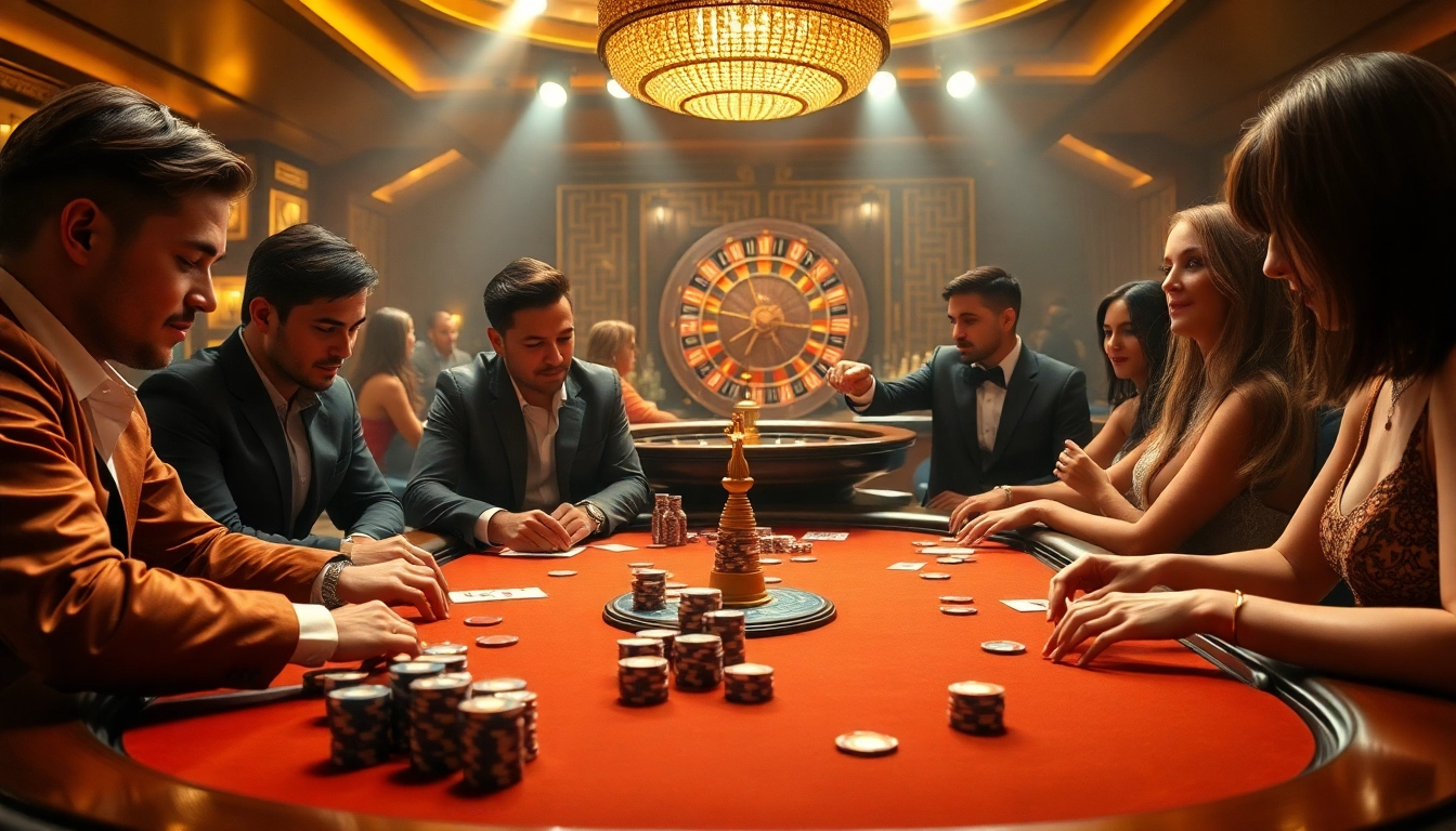Gamblers enjoying an exciting game at ABCVIP casino table with vibrant chips and cards.