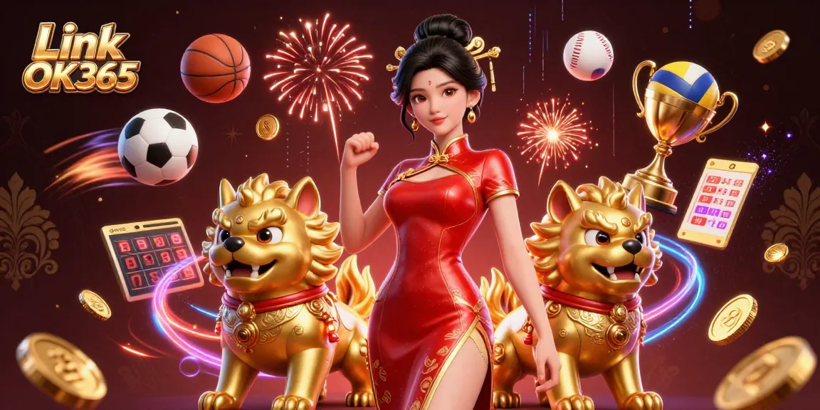 Experience excitement at Link OK365 with a stunning casino-themed 3D illustration featuring dynamic sports elements and glamorous characters.