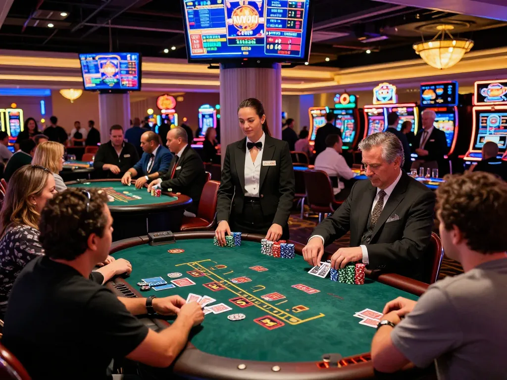 Keonhacai players vying for victory at blackjack tables amidst vibrant casino lights.