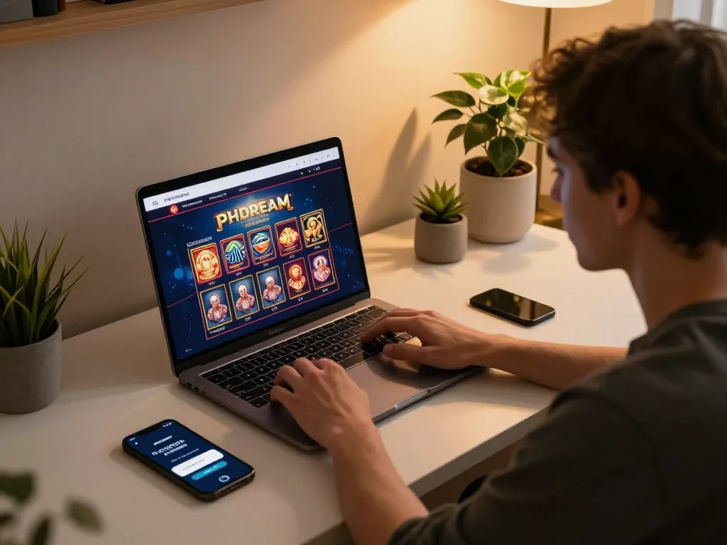 PHDREAM6268 user engaged in online casino gaming on a laptop in a cozy home setting.