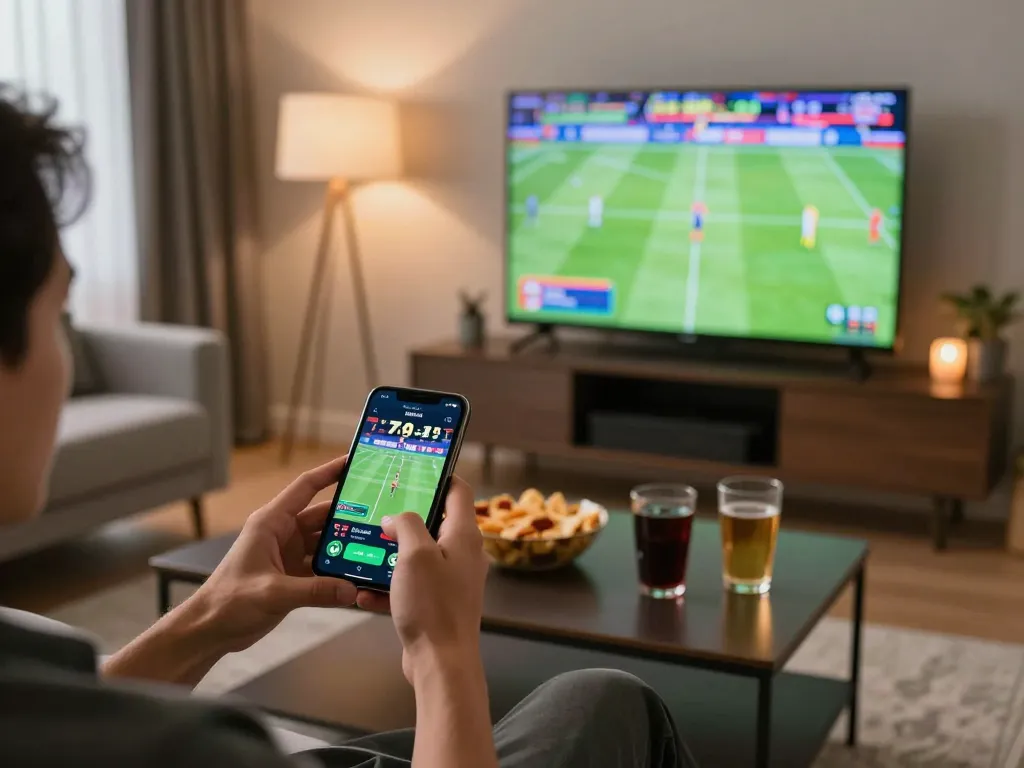 Person using w88 app for sports betting while watching live games at home.
