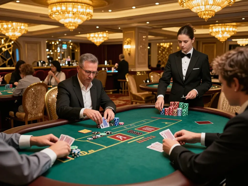 SC88 blackjack game table with players placing bets and dealer managing chips in a luxurious casino setting