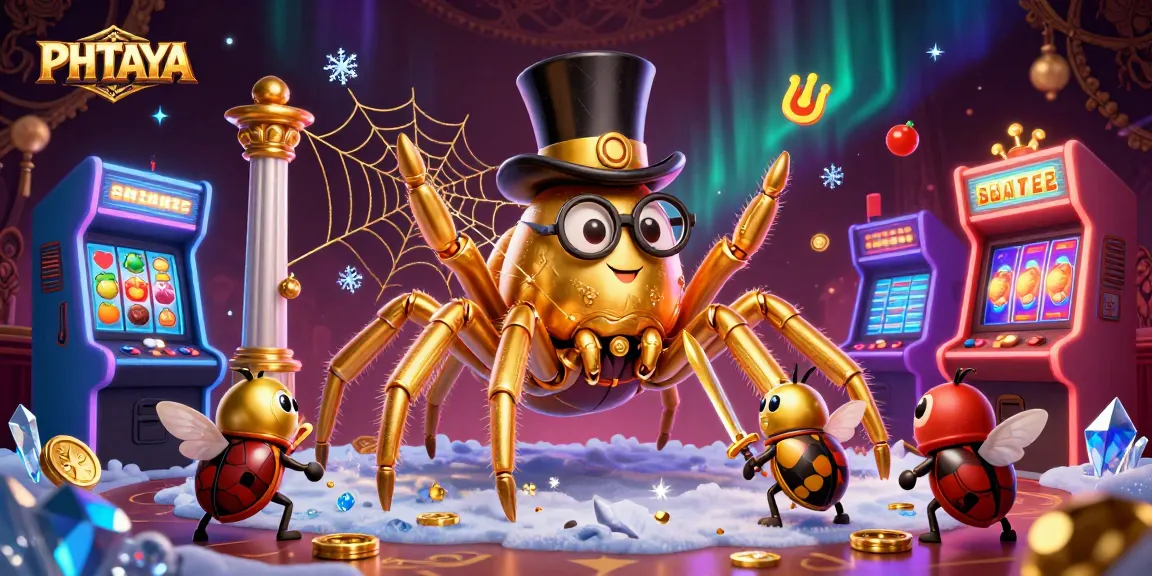 PHTAYA's vibrant 3D adventure scene showcases a golden tarantula and beetle knight in an immersive casino setting.