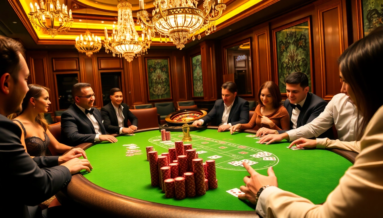 Excited players at a JBO poker table, showcasing a vibrant casino atmosphere with luxury design.