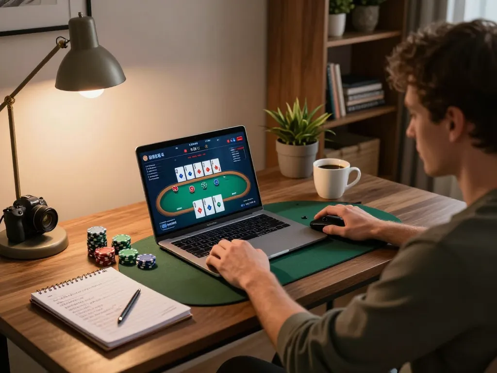 Engaged player strategizing on trang chủ fly88 while playing online poker at home.