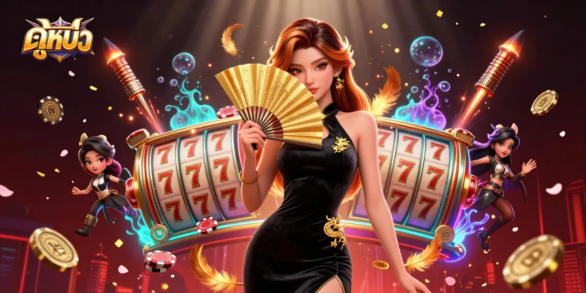Engage with ดูหนัง through a vibrant, dynamic casino scene bursting with slot reels and festive elements.