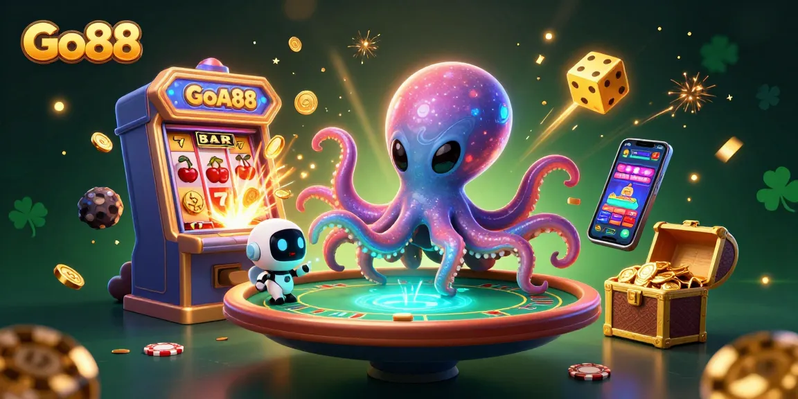 Go88's vibrant alien octopus orchestrating a thrilling casino scene with floating poker and slot elements.