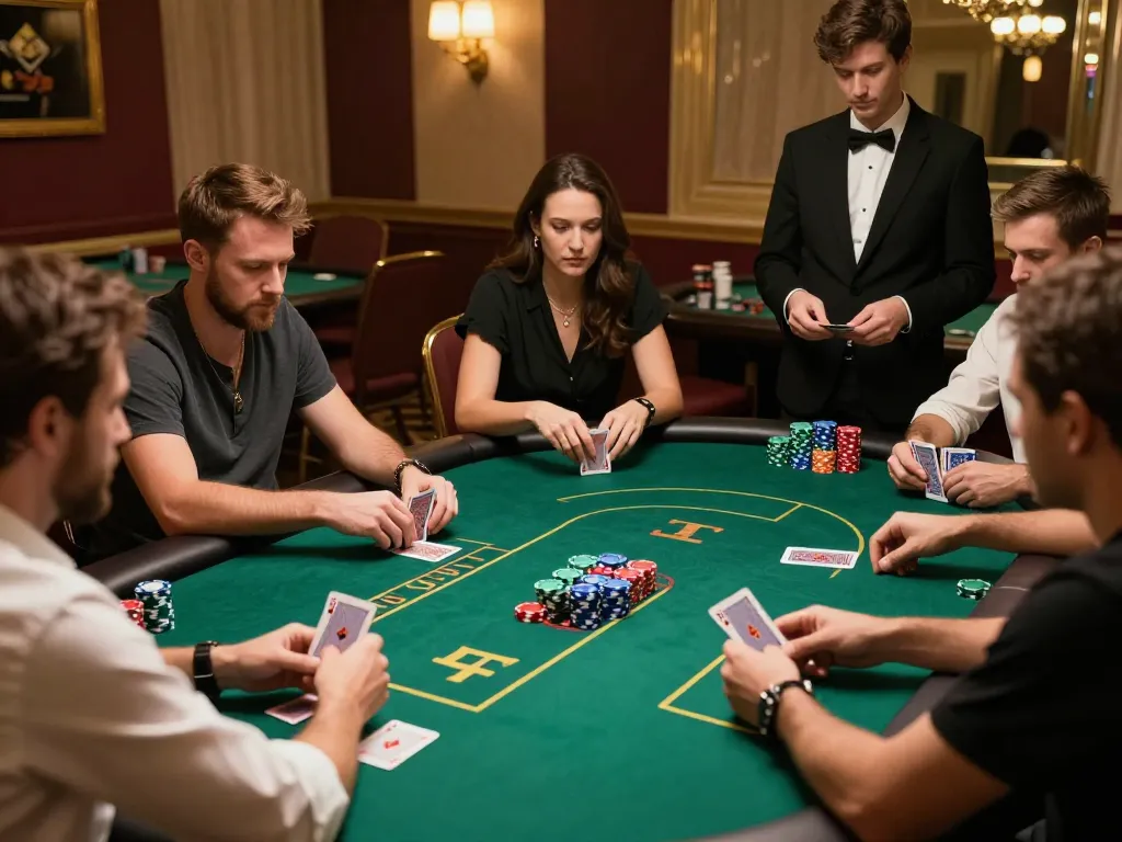 Players engaged in a heated poker game at trang chủ alo8, showcasing strategic gameplay with high-stakes excitement