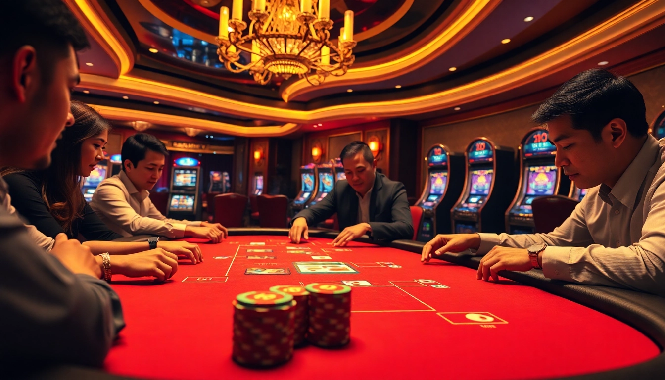 Players engaging in a high-stakes poker game at FA88 casino, showcasing excitement and strategy.