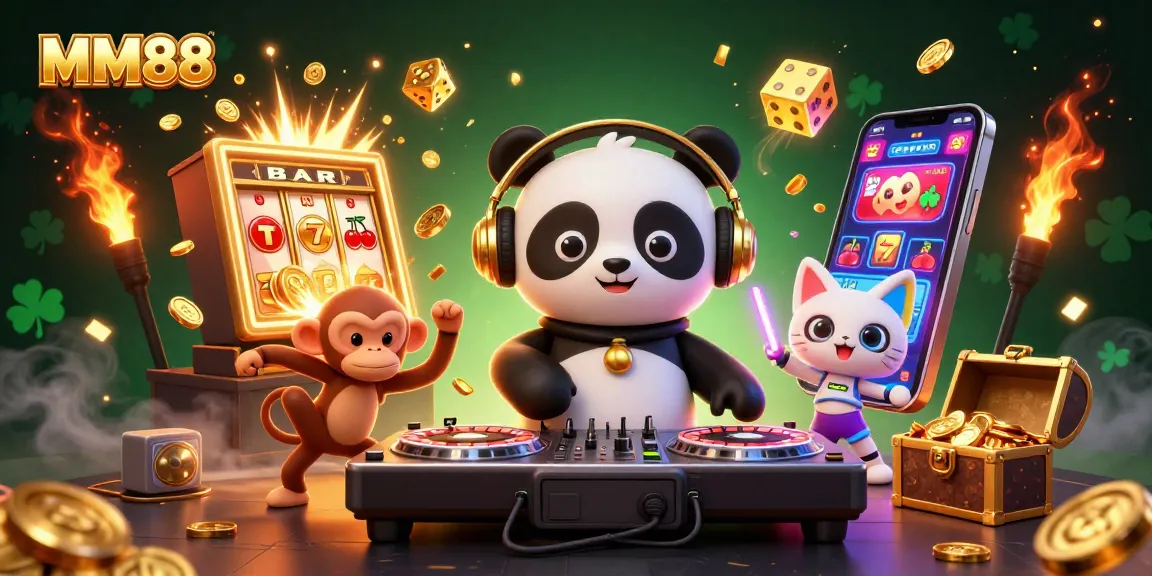 Experience the excitement of MM88 with a dynamic 3D illustration showcasing a DJ panda, dancing monkey, and festive kitten.