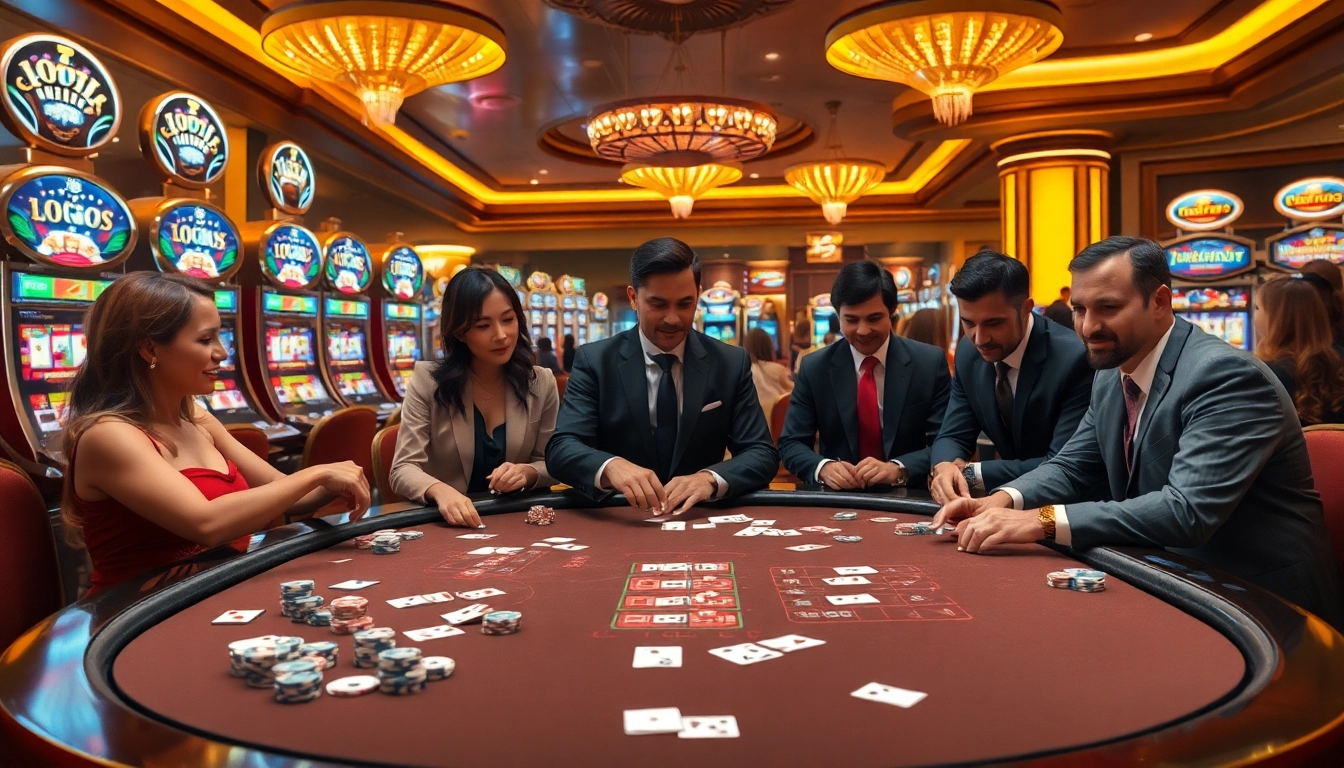 Players enjoying a thrilling game at nhà cái jun88, surrounded by vibrant casino elements.