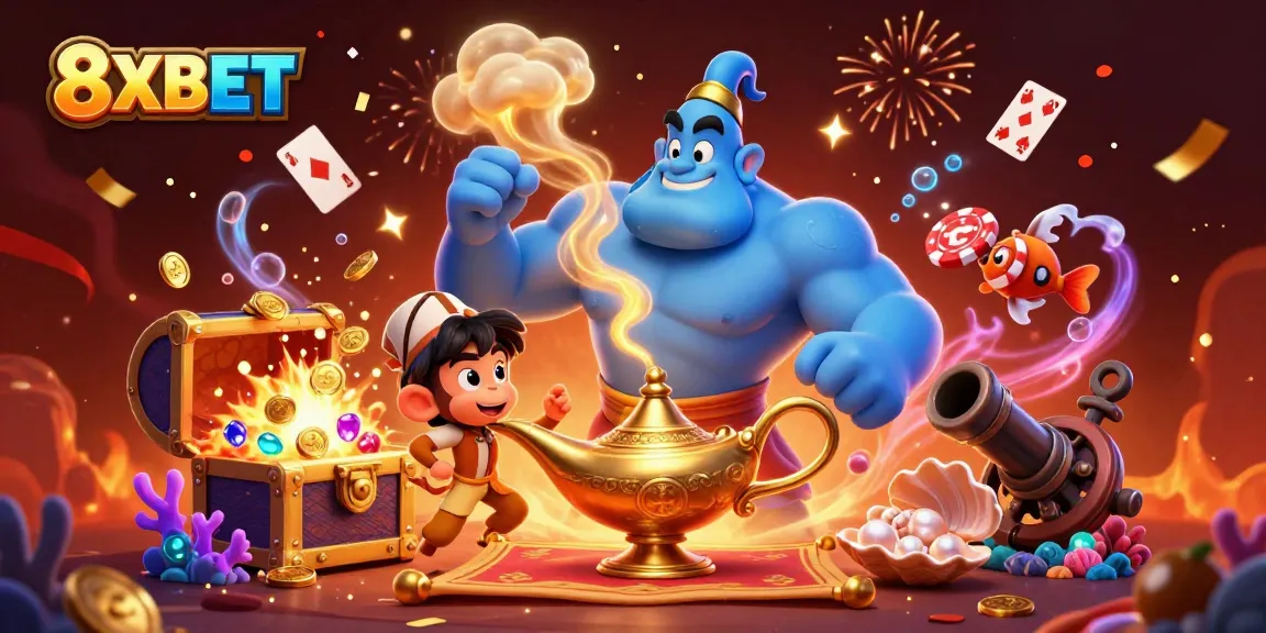Experience thrilling moments with 8XBET in this vibrant 3D casino illustration featuring enchanting characters and magical elements.